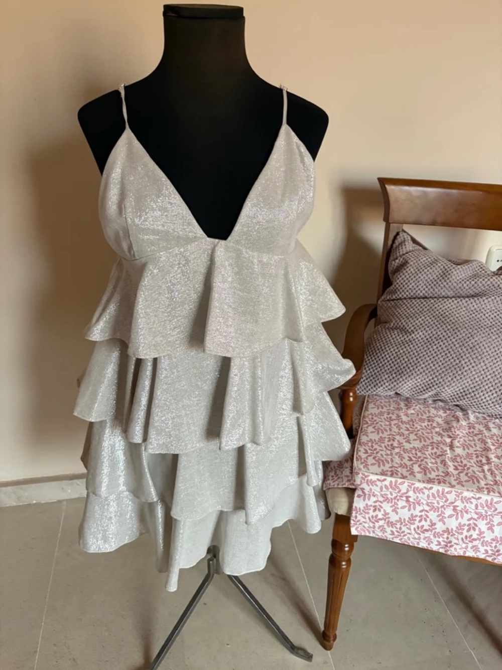 Zara Silver Sparkle Ruffle Backless Dress